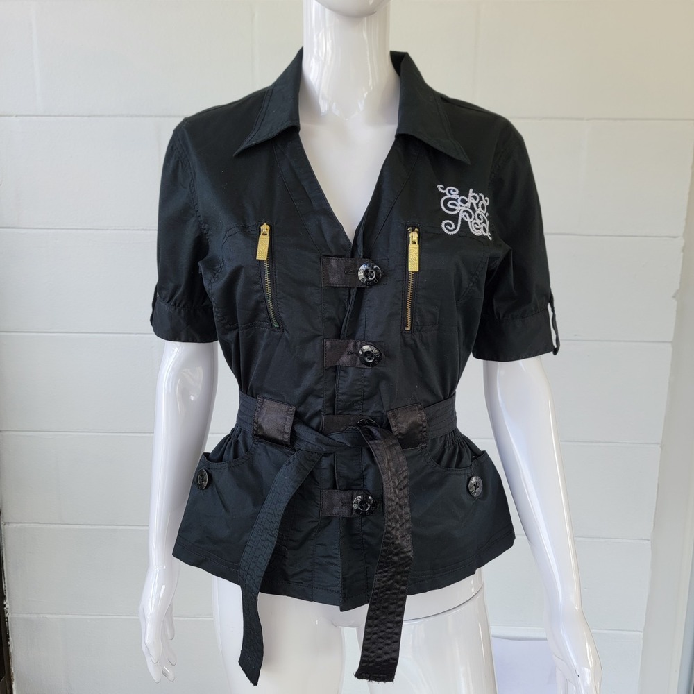 Vintage Y2K Ecko Red Shirt Black Utility Belted Short-Sleeve Women S Streetwear